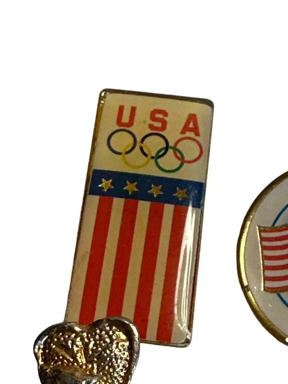 Vintage Assorted Pins Boxing Heart USA Olympic Flag Clover Elf MOAA Flag Pins